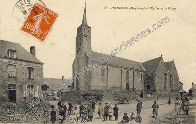 Carte postale ancienne L'Église et la Place — Hambers (Mayenne)
