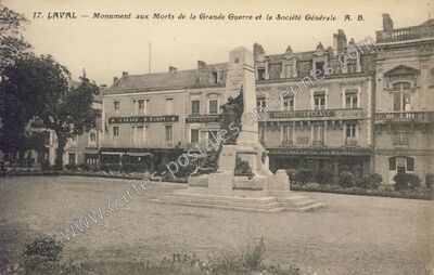 Carte postale ancienne Monument aux Morts de la Grande Guerre et la Société Générale — Laval (Mayenne)