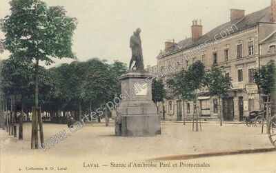 Carte postale ancienne Statue d'Ambroise Paré et Promenades — Laval (Mayenne)