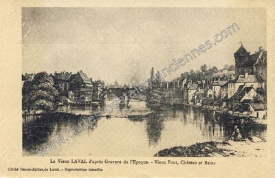 Carte postale ancienne Le Vieux d'après Gravure de l'Epoque. - Vieux Pont, Château et Bains — Laval (Mayenne)