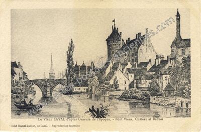 Carte postale ancienne Le Vieux d'apres Gravure de l'Epoque. - Pont Vieux, Château et Beffroi — Laval (Mayenne)
