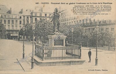 Carte postale ancienne Monument élevé au général Cambronne sur le Cours de la République — Nantes (Loire-Atlantique)