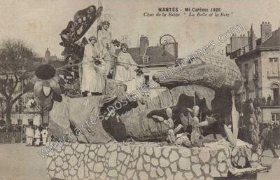 Carte postale ancienne Mi-Carême 1926 / Char de la Reine " La Belle et la Bête — Nantes (Loire-Atlantique)