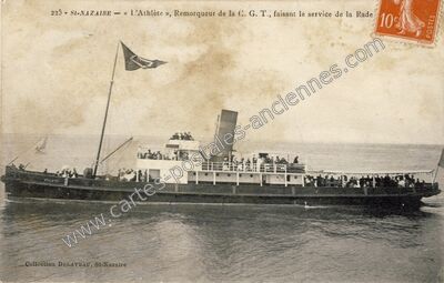 Carte postale ancienne L'Athlète », Remorqueur de la C. G. T., faisant le service de la Rade — Saint-Nazaire (Loire-Atlantique)