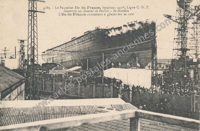 Carte postale ancienne Le Paquebot Ile de-France, longueur 241m, Ligne C. G. T. construit au chantier de Penhoët — Saint-Nazaire (Loire-Atlantique)