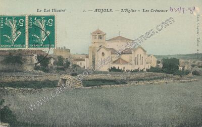 Carte postale ancienne L'Église - Les Créneaux — Aujols (Lot)