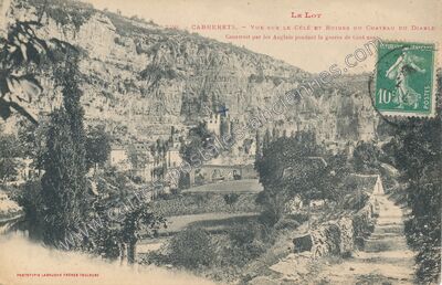 Carte postale ancienne Vue sur le Célé et ruines du Château du Diable — Cabrerets (Lot)