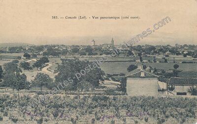 Carte postale ancienne Vue panoramique (côté ouest) — Concots (Lot)