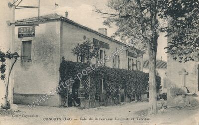 Carte postale ancienne Café de la Terrasse Laulmet et Terrisse — Concots (Lot)