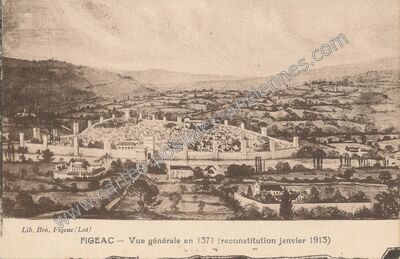 Carte postale ancienne Vue générale en 1371 (reconstitution janvier 1913) — Figeac (Lot)
