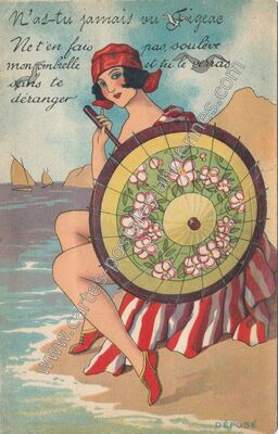 Carte postale ancienne N'as-tu jamais vu, Net'en fais pas, soulève mon ombrelle et tu le verras sans te déranger — Figeac (Lot)