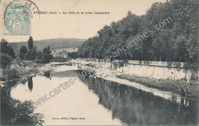 Carte postale ancienne Le Célé et le quai Legendre — Figeac (Lot)