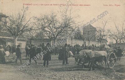 Carte postale ancienne Ue tjoùn dè fièro o Fitjat. Lou fioyral des pouors — Figeac (Lot)