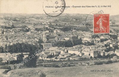 Carte postale ancienne Vue générale - Souvenir des Fêtes des 11, 12, 13 Mai 1912 — Figeac (Lot)