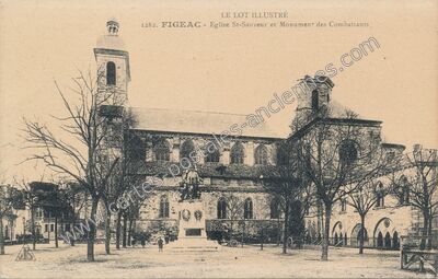 Carte postale ancienne Eglise St-Sauveur et Monument des Combattants — Figeac (Lot)