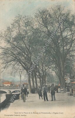 Carte postale ancienne Quai de la Place de la Raison et Promenade — Figeac (Lot)