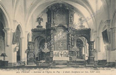 Carte postale ancienne Intérieur de l'Eglise du Puy — L'Autel, Sculptures sur bois, XIIIe siècle — Figeac (Lot)