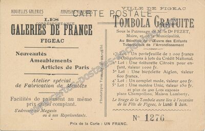 Carte postale ancienne Tombola Gratuite — Figeac (Lot)
