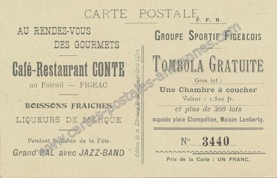 Carte postale ancienne Café-Restaurant CONTE, BOISSONS FRAICHES, LIQUEURS DE MARQUE, Grand BAL avec JAZZ-BAND — Figeac (Lot)