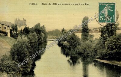 Carte postale ancienne Rives du Célé en dessus du pont du Pin — Figeac (Lot)