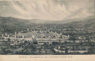 Carte postale ancienne Vue générale en 1371 (reconstitution janvier 1913) — Figeac (Lot)