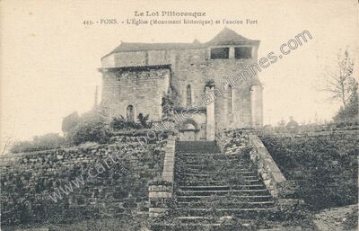 Carte postale ancienne L'Église (Monument historique) et l'ancien Fort — Fons (Lot)