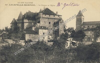 Carte postale ancienne Le Château et l'Église — Lacapelle-Marival (Lot)
