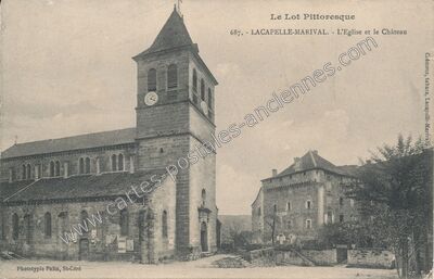 Carte postale ancienne L'Eglise et le Château — Lacapelle-Marival (Lot)