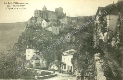 Carte postale ancienne L'Eglise et le Château — Montbrun (Lot)