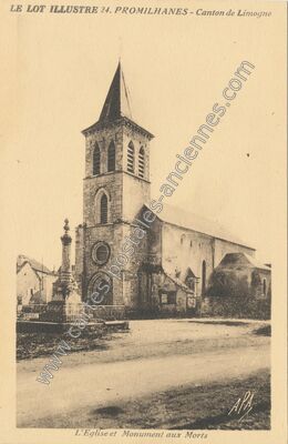 Carte postale ancienne L'Eglise et Monument aux Morts — Promilhanes (Lot)