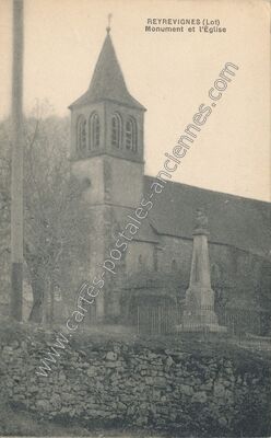 Carte postale ancienne Monument et l'Église — Reyrevignes (Lot)