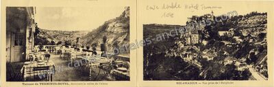 Carte postale ancienne Terrasse du TERMINUS-HOTEL, dominant la vallée de l'Alzou — Rocamadour (Lot)