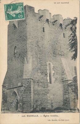 Carte postale ancienne Église fortifiée — Rudelle (Lot)