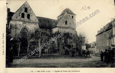 Carte postale ancienne Église et Place de l'Oratoire — Salviac (Lot)