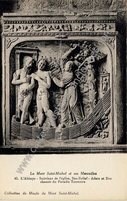 Carte postale ancienne L'Abbaye - Intérieur de l'église, Bas-Relief - Adam et Eve chassés du Paradis Terrestre — Le Mont-Saint-Michel (Manche)
