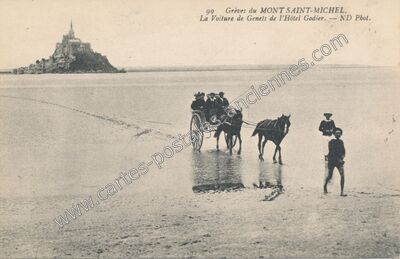 Carte postale ancienne Grèves du Mont Saint-Michel. La Voiture de Genets de l'Hôtel Godier — Le Mont-Saint-Michel (Manche)