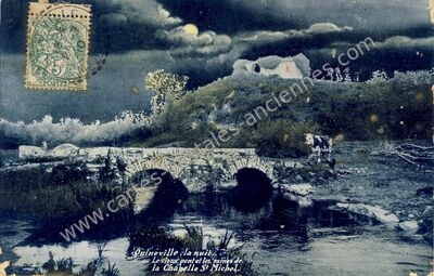 Carte postale ancienne Le vieux pont et les ruines de la Chapelle St Michel — Quinéville (Manche)