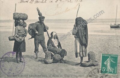 Carte postale ancienne Pêcheur des Grèves et Coquelières — Le Mont-Saint-Michel (Manche)