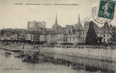 Carte postale ancienne Quai de Limoges - Le Square - L'Hôtel de Ville et le Château — Saumur (Maine-et-Loire)