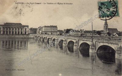 Carte postale ancienne Le Pont Cessart - Le Théâtre et l'Église St-Nicolas — Saumur (Maine-et-Loire)