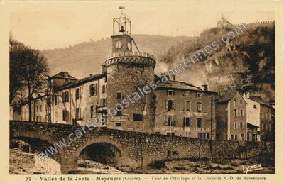 Carte postale ancienne Vallée de la Jonte - Tour de l'Horloge et la Chapelle N.-D. de Bonsecours — Meyrueis (Lozère)