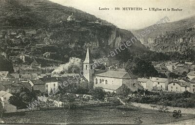 Carte postale ancienne L'Eglise et le Rocher — Meyrueis (Lozère)