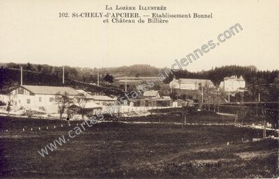 Carte postale ancienne Etablissement Bonnel et Château de Billière — Saint-Chély-d'Apcher (Lozère)