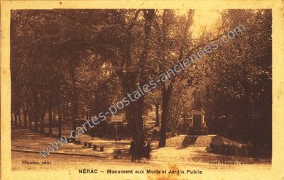 Carte postale ancienne Monument aux Morts et Jardin Public — Nérac (Lot-et-Garonne)