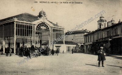 Carte postale ancienne La Halle et le Théâtre — Nérac (Lot-et-Garonne)