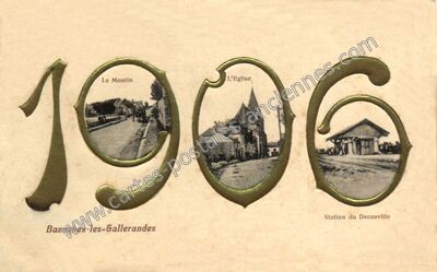 Carte postale ancienne Le Moulin, L'Eglise, Station du Decauville — Bazoches-les-Gallerandes (Loiret)