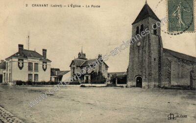 Carte postale ancienne L'Église - La Poste — Cravant (Loiret)