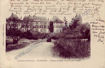 Carte postale ancienne Château et Eglise du XI° et XIVe siècles — Escrennes (Loiret)