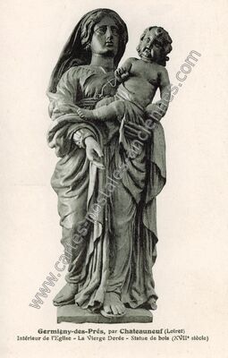 Carte postale ancienne Intérieur de l'Eglise - La Vierge Dorée - Statue de bois (XVIIe siècle) — Germigny-des-Prés (Loiret)