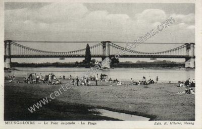 Carte postale ancienne Le Pont suspendu - La Plage — Meung-sur-Loire (Loiret)